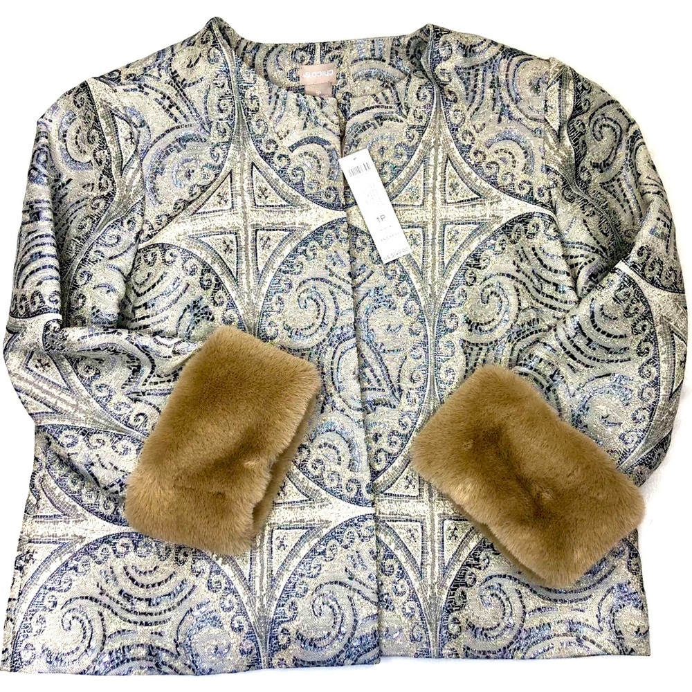 NWT CHICOS Size 1P Medium Jacquard Jacket Fur Coat - Beautiful & Elegant